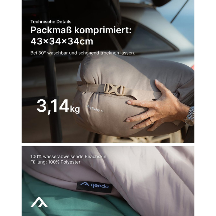 Сплячий мішок Qeedo Buddy XL 8 XXL, для дорослих та підлітків (до 220 см), 3 сезони, Outdoor, літо (8-25°C), Peach Skin, пісочний колір