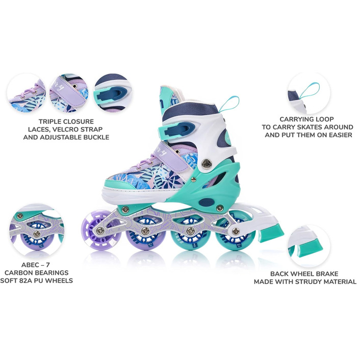 Дитячі ролики 4-в-1 Meteor Mermaid – регульовані, ABEC-7, PU-колеса, алюмінієвий фрейм, розміри XS-M