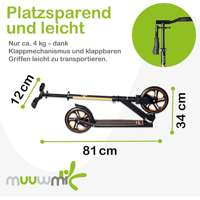 Скутер Muuwmi Pro з алюмінію – для дітей та дорослих, 215 мм, ABEC 7, регульована висота, GS-сертифікований, помаранчевий