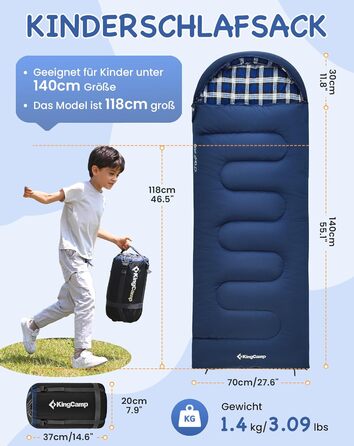 Спальний мішок дитячий KingCamp Flannel, 7°C, Navy, для дітей до 140 см, 4 сезони, водонепроникний, компактний