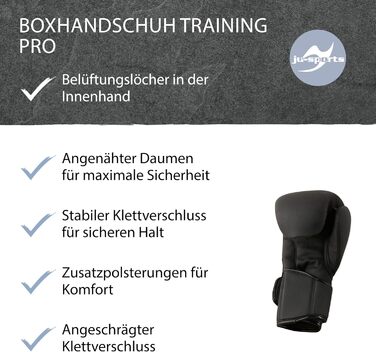 Боксерські рукавички Ju-Sports Training Pro 18 oz, чорні, PU-шкіра, з фіксацією великого пальця, на липучці, для чоловіків і жінок