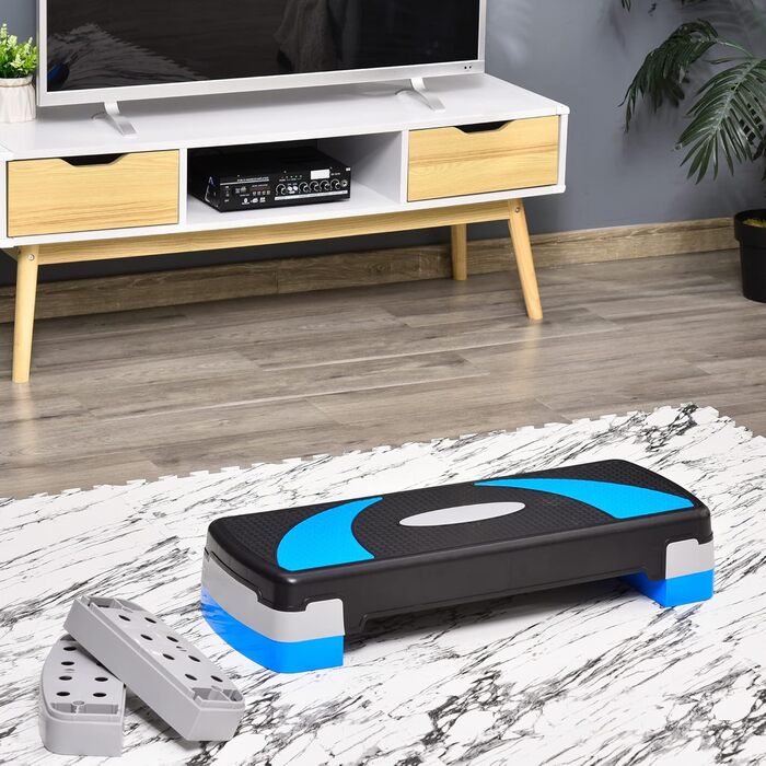 Степ-платформа для аеробіки, фітнесу та спорту, регульована по висоті, 3 сходинки, чорний+світло-блакитний+сірий