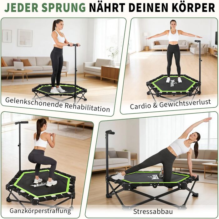 Складаний фітнес-батут для дому з регульованою ручкою, навантаження до 150 кг, Ø 86.5 см, для дорослих та дітей (Зелений)