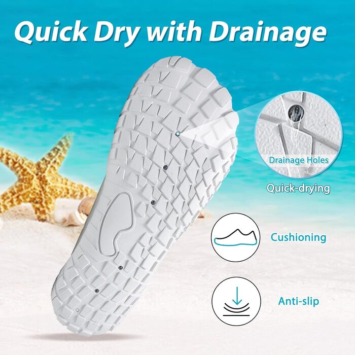 Водні шкарпетки для плавання та відпочинку на пляжі: чоловічі та жіночі шкарпетки для води, швидко сохнуть, з дренажними отворами, для басейну, моря, серфінгу, каякінгу, фітнесу, розміри 36-46 EU (39 EU, білий)