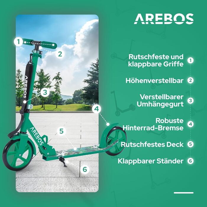 Самокат Arebos Cityroller для дітей і дорослих, складаний, регульований по висоті, XXL колеса, ремінь для перенесення, до 100 кг