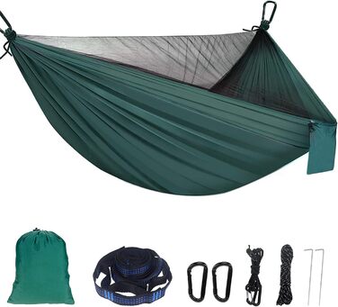 Гамак Sendowtek Outdoor з москітною сіткою, 290 x 140 см, нейлон парашутного типу, вантажопідйомність 300 кг, ультралегкий гамак для подорожей, кемпінгу, балкону, патіо, саду (армійний зелений)