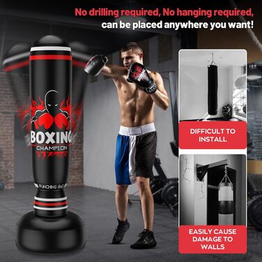 Боксерський мішок IMAYCC стоячий для дорослих та дітей з боксерськими рукавичками, посилений, 180 см, високоякісний PVC, для Муай Тай, Таеквондо, MMA, бокс, тренування, фітнес, червоно-чорний