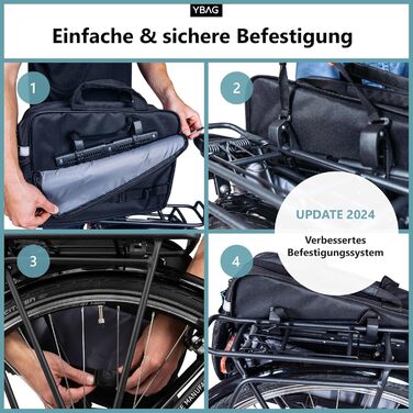 YBAG Commuter – екологічна велосипедна сумка для ноутбука, офісна сумка на багажник з 4 відділеннями, внутрішніми кишенями, сіткою для пляшки, дощовим захистом і світловідбивачами