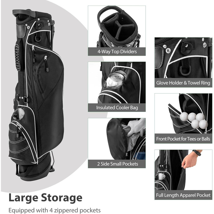 LIFEZEAL Гольф-сумка: портативна сумка для ключок з 4 перегородками, сумка-станд для гольфу з регульованим плечовим ременем, легка чорна сумка для чоловіків та жінок