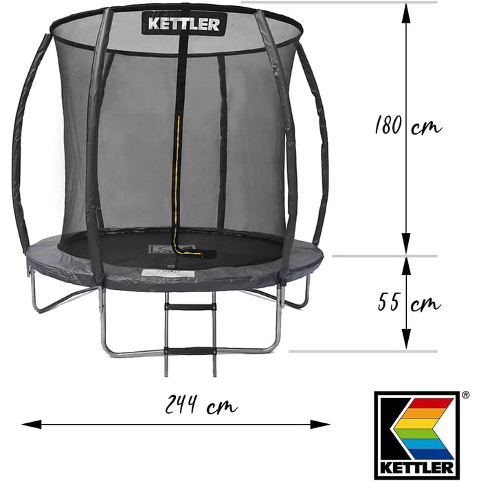 Трамплін Kettler Outdoor Jump 244 з сіткою безпеки, діаметром 244 см, для саду, стійкий до погодних умов, з захисним обідком та сходами, максимальне навантаження 100 кг (сірий)