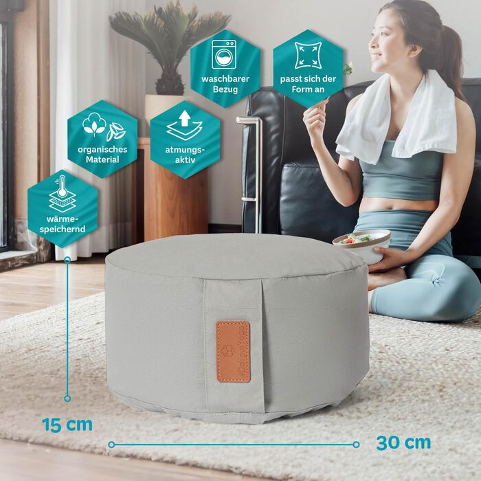 Йога болстер rundes 30x15 см з бавовняним чохлом | Наповнений органічною лузгою пшениці або органічною лузгою гречки | Йога подушка для Інь-йоги та медитації, сірий колір