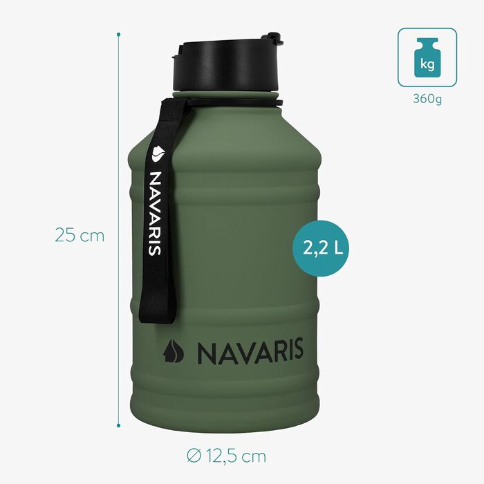 Navaris спортивна пляшка 2,2 л із нержавіючої сталі, темно-зелена, BPA-free, для води, спортзалу та фітнесу