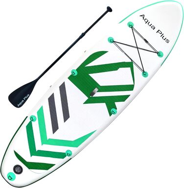 Надувне SUP Aqua Plus 15cm: дошка для SUP, весло, насос, рюкзак. Підходить для всіх рівнів майстерності. Біло-зелено-сірий колір.