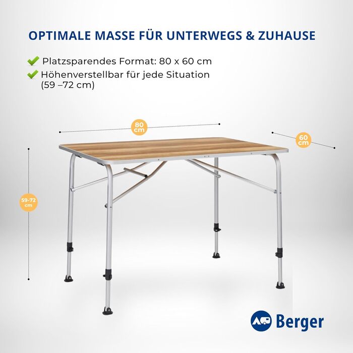 Складний алюмінієвий стіл для кемпінгу BERGER Livenza 80x60 см - регульована висота, для саду, балкону, тераси
