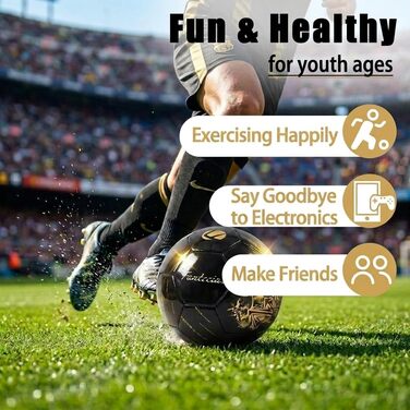 М'яч футбольний розмір 5, PU-шкіра, для гри в приміщенні та на вулиці, чорний з золотим тисненням, для підлітків та дорослих