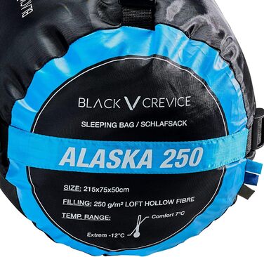 Сплячий мішок Black Crevice Alaska 250 I - для кемпінгу та активного відпочинку. Атмосвітний, водонепроникний, довжиною 215 см, синій.