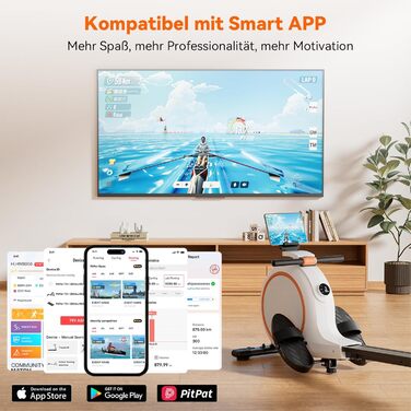 Гребний тренажер для дому з магнітним опором, 32 рівні, 136 кг, сумісність з додатком, LCD-дисплей, білий-помаранчевий