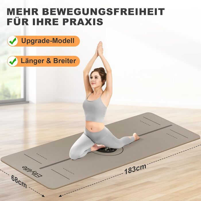 Килимок для йоги та пілатеса з еко-каучуку та TPE, протиковзкий з лініями розмітки, бежевий, 4мм, з ременем для перенесення