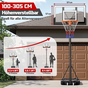 Баскетбольне кільце вуличне з підставкою, регульована висота 100-305 см, міцна задня дошка, сітка для дітей та дорослих