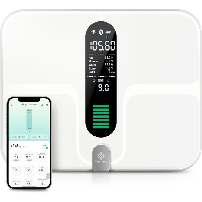 Розумна вага Etekcity з Wi-Fi, для аналізу складу тіла: вимірювання жиру, м'язової маси, 13 показників, USB-зарядка, до 180 кг, велика поверхня, біла