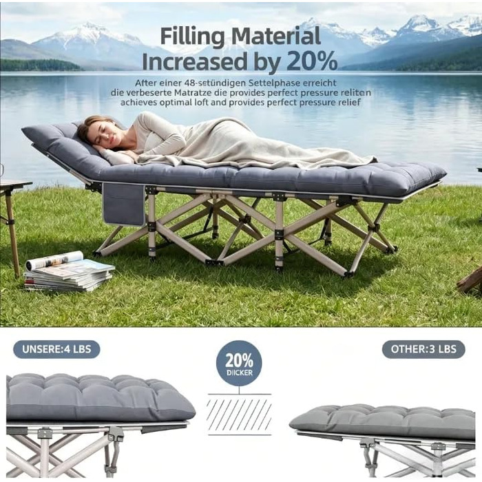 Ліжко туристичне розкладне Feldbett XXL 250 кг 2 шт сіре - 7 зон, 1200D Oxford, кут нахилу 15°, для кемпінгу, саду, палатки