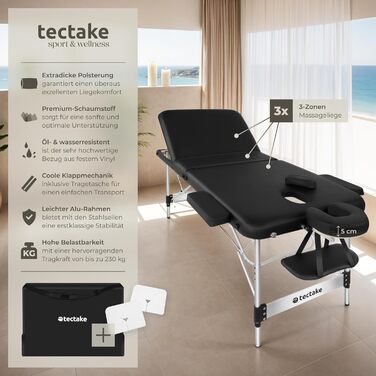 Складаний масажний стіл tectake 3 зони, алюмінієва переносна масажна кушетка з регулюванням висоти, комплект: підголівник, підлокітник, сумка, чорний