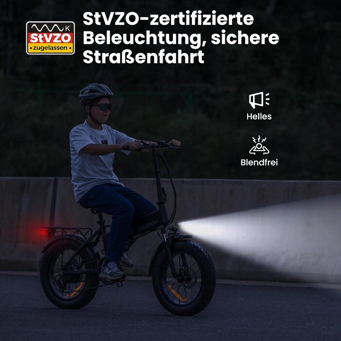 Електровелосипед складаний Touroll S1 20x4.0 дюйма, 48В 15.6Аг, фетбайк для бездоріжжя, пляжу та снігу, 100 км запас ходу, 60Нм мотор, 7-ступеневий, для чоловіків