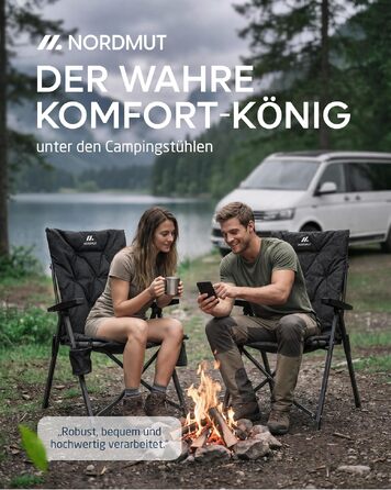 Розкладне крісло для кемпінгу NORDMUT Premium з високою спинкою, регульоване (4 позиції), посилений садовий стілець для відпочинку на відкритому повітрі, навантаження до 140 кг, Антрацит