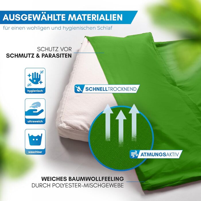 Спальний мішок NORDMUT® для подорожей: ультралегкий, з мікрофібри або бавовни, дихаючий, з кишенькою для подушки (зелений, поліестер)
