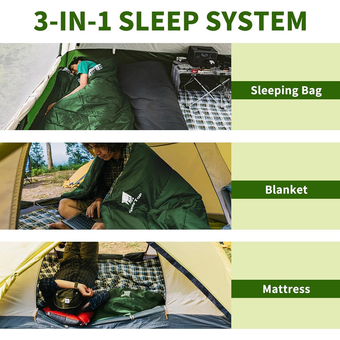 Спальний мішок GEERTOP XXL для всіх сезонів, 220x100 см, фланель, для дорослих, кемпінг, подорожі, піші прогулянки (зелений)