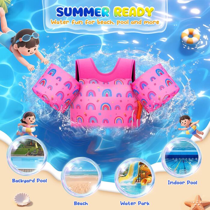 Надувні рукавики для плавання MoKo для дітей, рожево-райдужні, з ремінцем, для хлопчиків та дівчаток, 9-23 кг