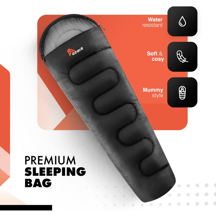 Сплячий мішок Azark Premium, 350 г/м², легкий та водонепроникний, для 4 сезонів, кемпінг, туризм, відпочинок на природі, дорослий та дитячий, чорний