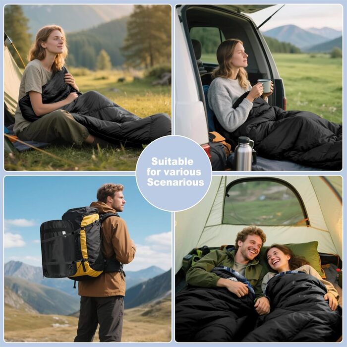 Спальний мішок Baumwoll-Flanell для дорослих, 100% бавовняний, для кемпінгу, походів, 3-4 сезони (Чорний/Блакитний)