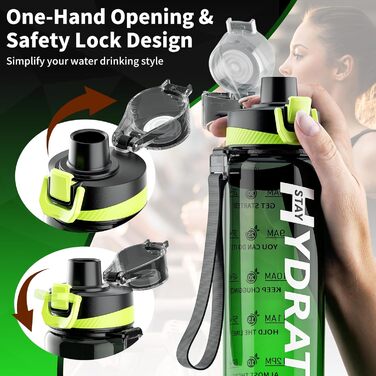 Спортивна пляшка для води 1л Tritan без BPA з маркуванням часу, 1 літр, витокозахисна, для фітнесу, активного відпочинку, спортзалу, школи