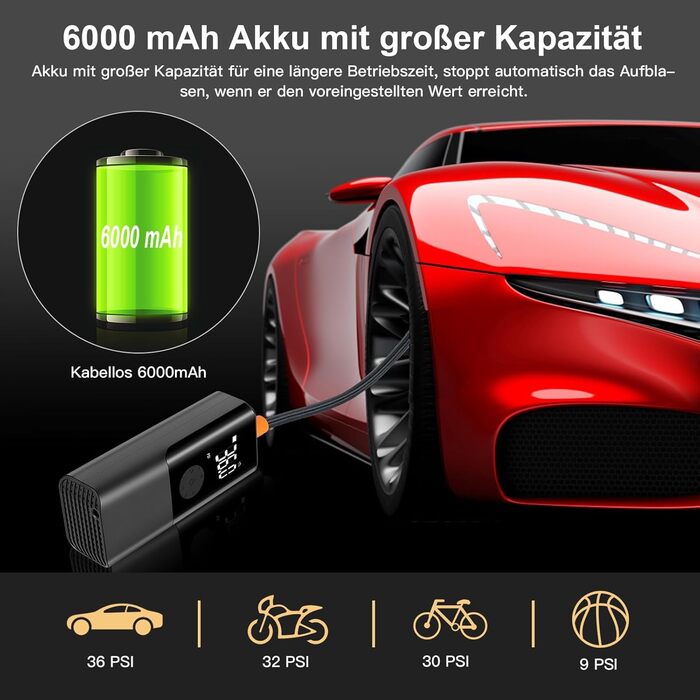 Електричний насос Viafexna 6000mAh, 150 PSI, з манометром для авто, велосипедів, м'ячів, матраців, лампа та Powerbank