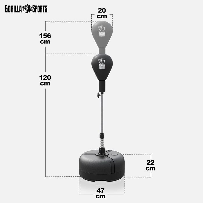 Боксерський м'яч GORILLA SPORTS® з підставкою, регульована висота 120-156 см, включає мішок для боксу, самостійна підставка, боксерський тренажер для дорослих, спидбол, боксерський мішок