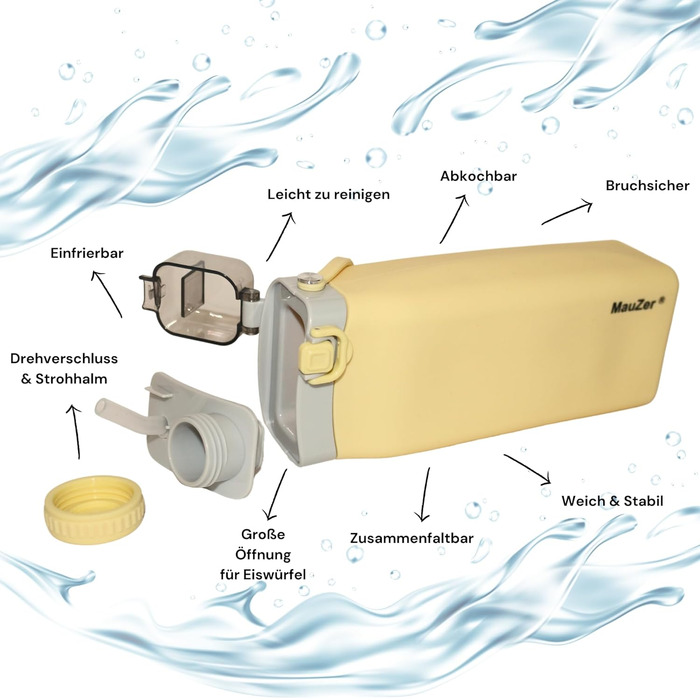 Складана пляшка для води Mauzer® з трубочкою - 600 мл, силікон, без BPA, для дітей, спорту, подорожей, кемпінгу, фестивалів (жовта)
