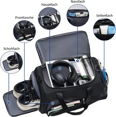 Спортивна сумка-рюкзак для чоловіків та жінок - містка дорожня/тренувальна сумка з відділенням для взуття та мокрих речей, 50 x 28 x 25 см, чорна