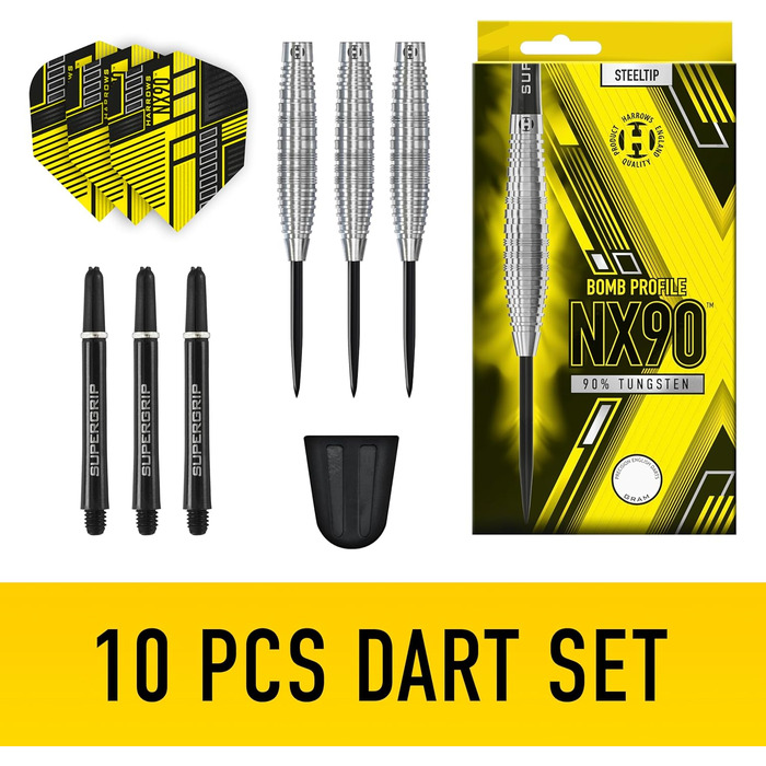 Професійні дартси Harrows NX90 Bomb & Parallel, 90% вольфрам, з чорним Supergrip, набір 10 шт, різна вага