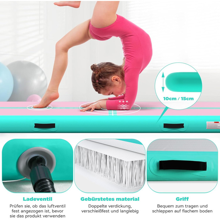 Мата Airtrack Matte для гімнастики, йоги та тренувань: 2/3/4/5/6м, 10/15см товщина, з електричним насосом 600W, для дому, на вулицю, фітнес, гімнастика, зелено-рожевий колір
