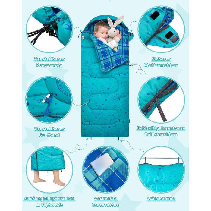 Сплячий мішок KingCamp для дітей, фланелевий, легкий, водонепроникний, компактний, зимовий, 4 сезони, для кемпінгу, підходить для дітей до 140 см, комфортна температура: 7°C, регульована довжина