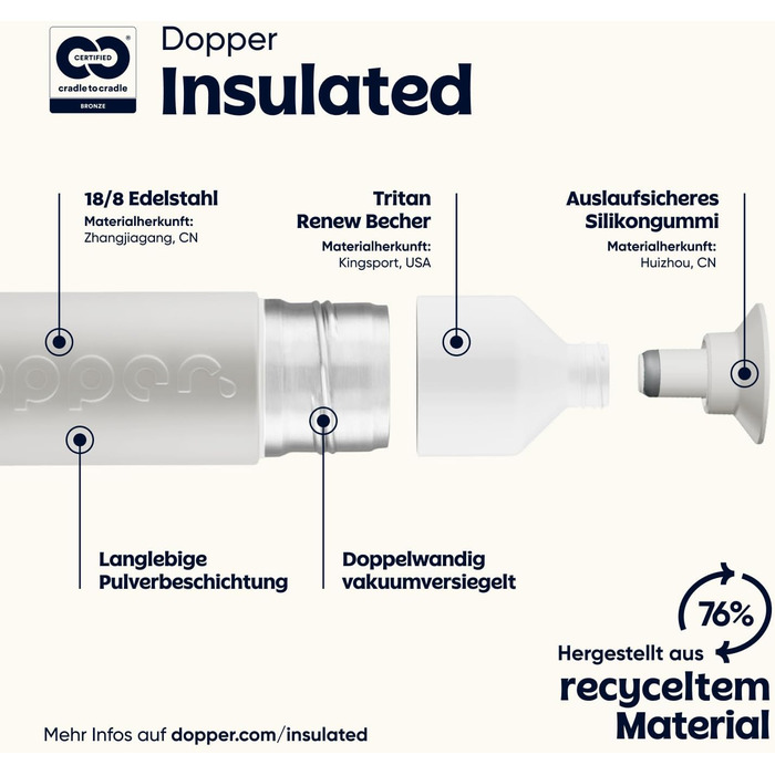 Персоналізований термос Dopper Insulated, нержавіюча сталева пляшка 580 мл, термокружка для кави та чаю, подвійні стінки, герметична, зберігає 24 год холод / 9 годин тепло (Gentle Grey)