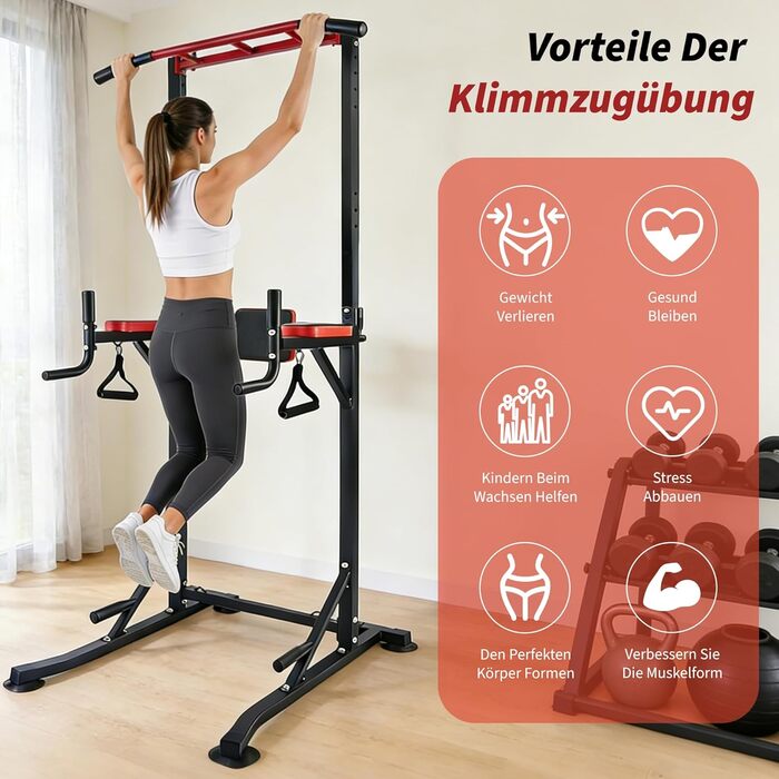 Багатофункціональний турнік Power Tower: станція для підтягувань та віджимань (Dip Station) з регульованою висотою для силових тренувань вдома, червоний
