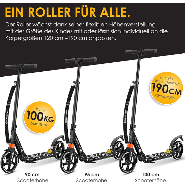 Самокат KESSER Cityroller Pro-S, колеса 205 мм, PU, складаний, з амортизацією, регулювання висоти, для дорослих і дітей