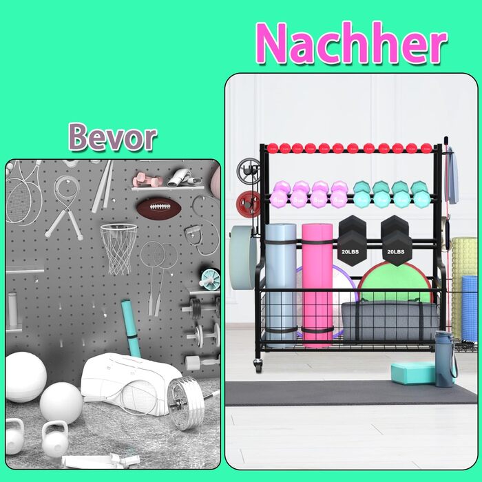 Стойка для гантелей Hantelablage – Extra Stable – з роликами та гачками для гантелей, кульок, йога-блоків та килимків – органайзер для фітнесу