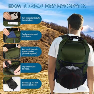 Sunnylon Сумка-рюкзак Dry Bag 20L, водонепроникна з відділенням для телефону, IPX8, для плавання, каякінгу, рафтингу, зеленого кольору