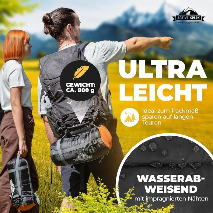 Спальний мішок ACTIVE SPARK Winter - Summer, водовідштовхуючий та дихаючий, з кишенею для грілки, для кемпінгу та гірських походів (Чорний / Оранжевий)