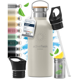 Фляга для води з нержавіючої сталі з трубочкою та інфузером, 3 кришки: BPA-free, не протікає, підходить для газованої води - 950 мл, Cream White, бамбук