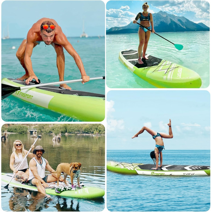 Надувне SUP Board FBSPORT для Stand-Up Paddling з регульованим алюмінієвим веслом та насосом, 15 см товщина, комплект FruitGreen