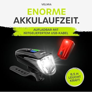 Велофара Velmia: комплект ліхтарів StVZO з USB-живленням та 8,5 годин роботи | LED, водонепроникний, перезаряджається | Фронтальний + задній ліхтар (70 Lux)